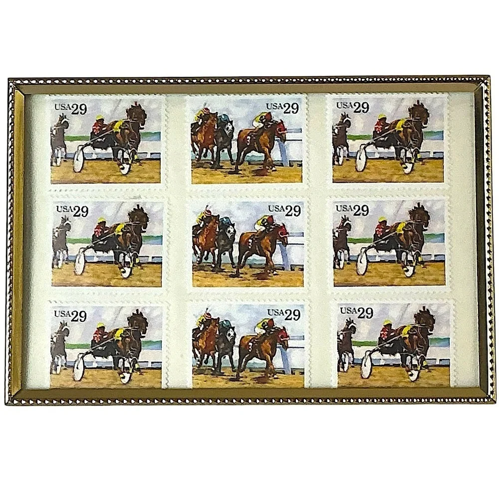 1993 Sporting Horses Harness Racing 29c Stamp Sheet of 9 in Gold Frame Stamp Art